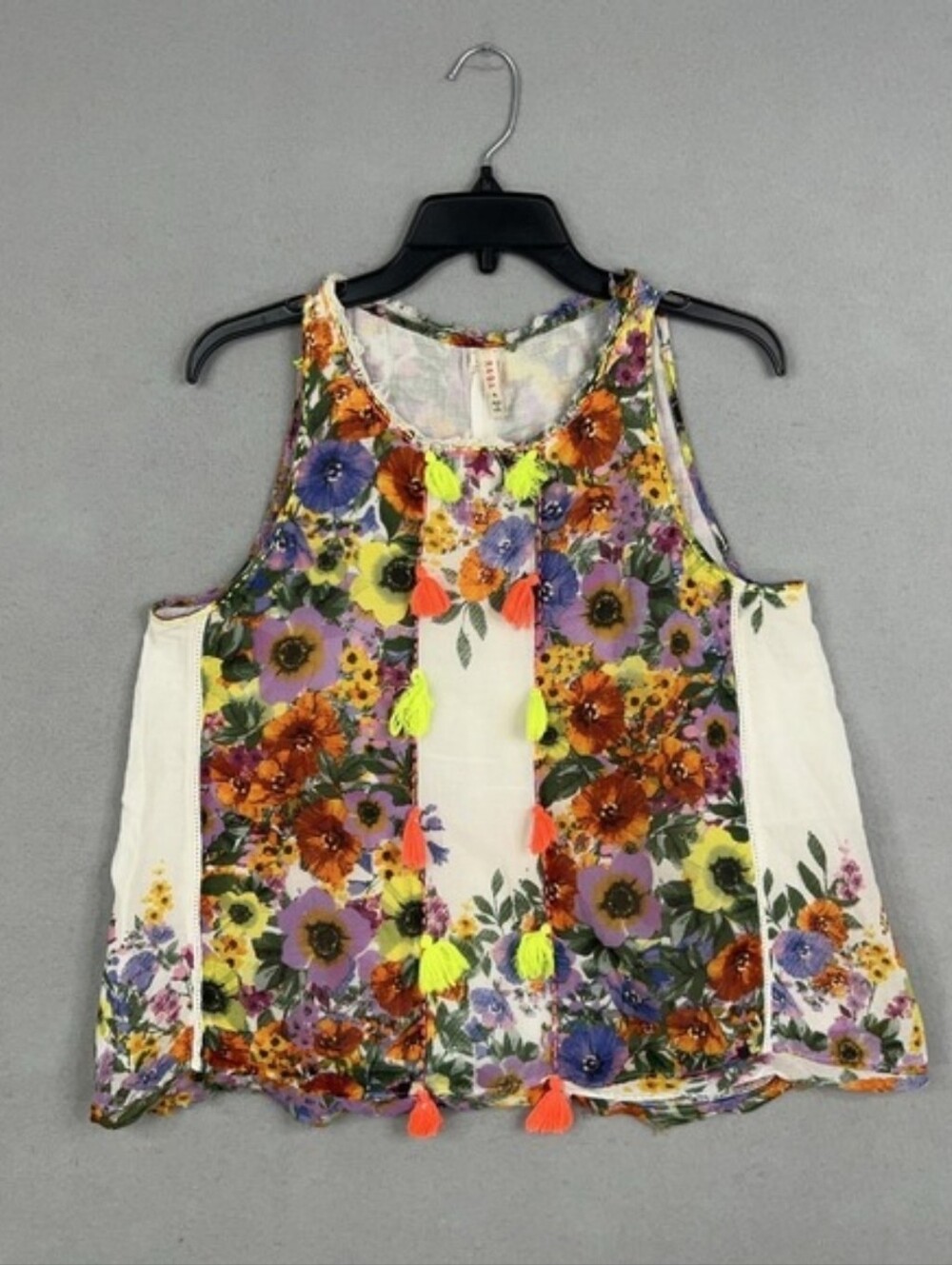 Anthropologie Raga Tank Top Womens Small Floral Tassel Boho Festival Crochet